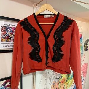 Jane Buchan Red-Orange and Black Embroidered Cardigan